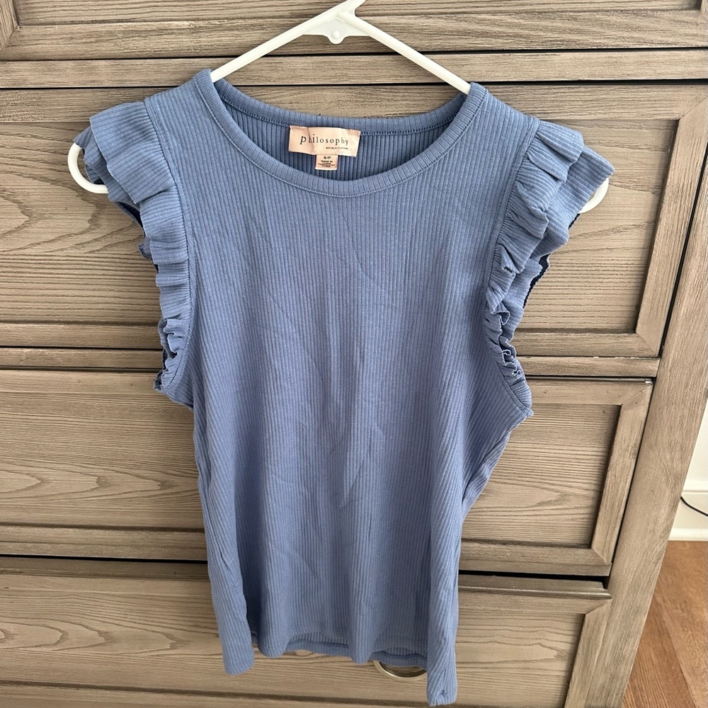 Philosophy Dusty Blue Ruffle-Sleeve Ribbed Tank